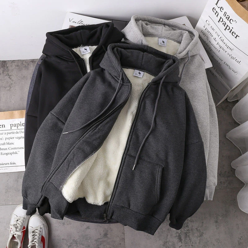 Warm Jacket Women Solid Hoodies Coat Autumn Winter Lamb Wool Fleece Loose Plus Sizes Thick Zipper Female Sweatshirt Grey Black