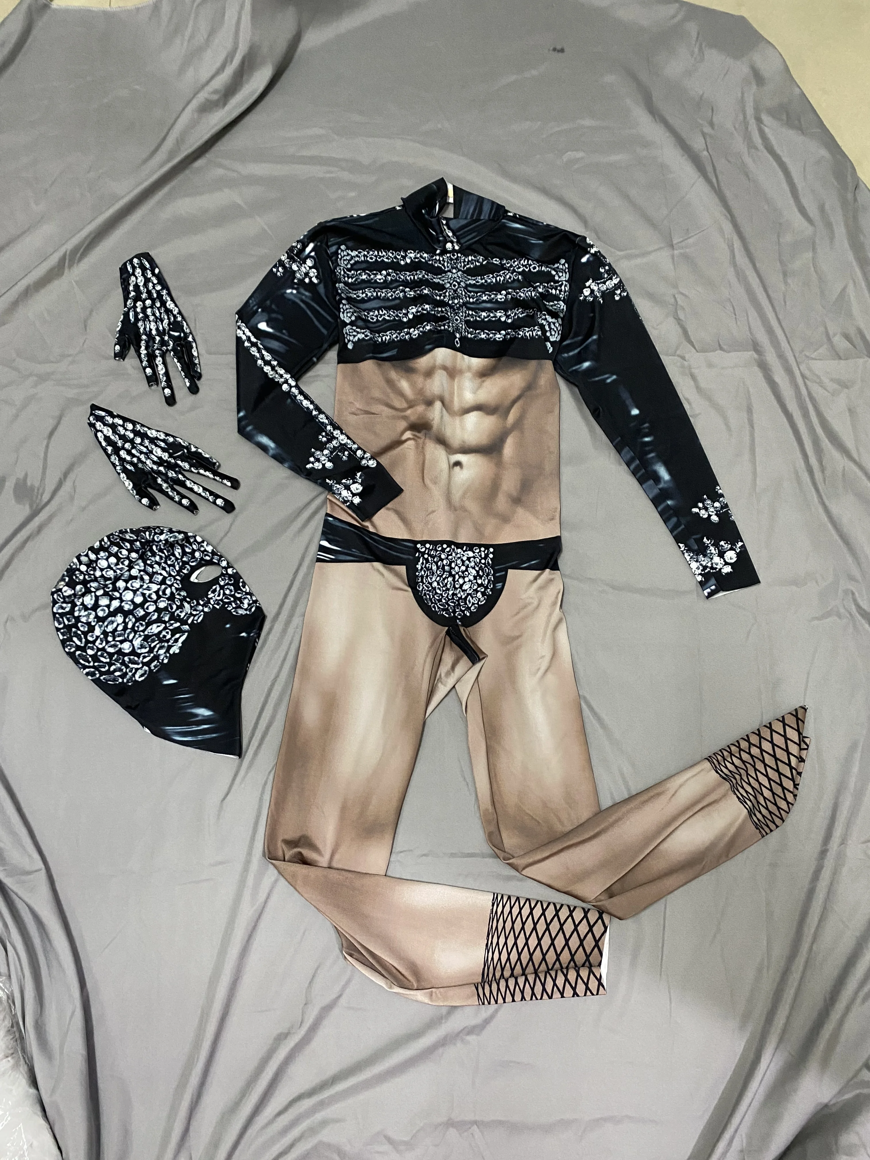 

fashion black Printed jumpsuit women long sleeve gloves leotard man Male guest catwalk nightclub party stage pole dance outfits