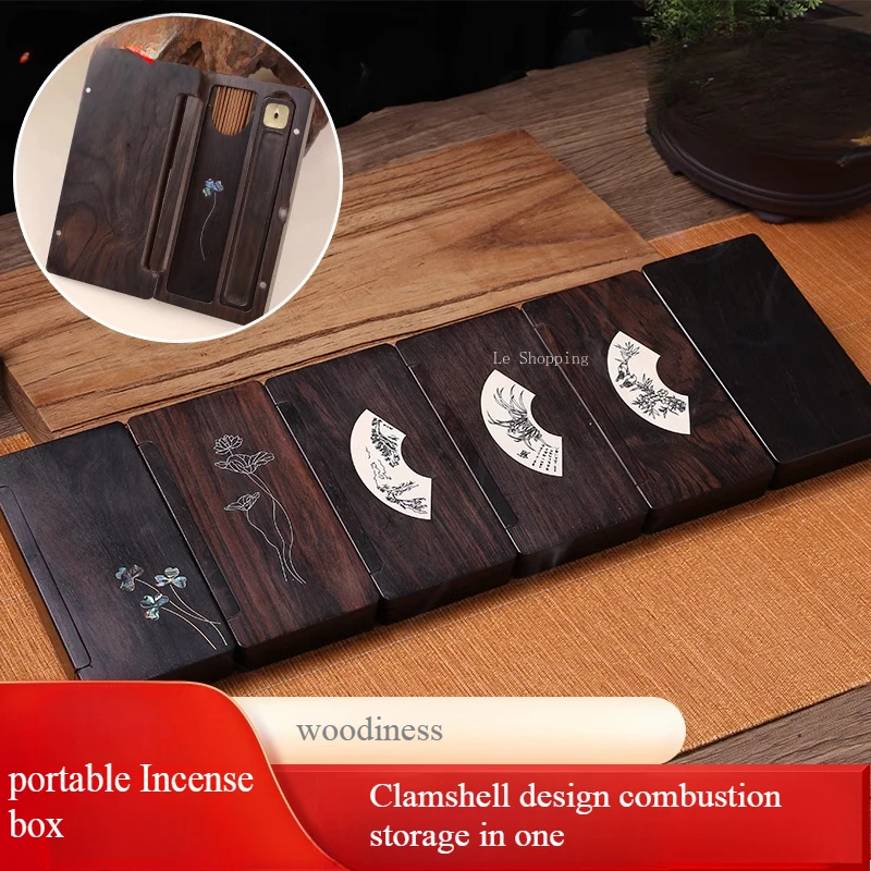 Incense Stick Wooden Box Engraved Lotus Green Pine Clover Pattern Incense Burner Travel Portable Indoor Storage Joss Stick Box