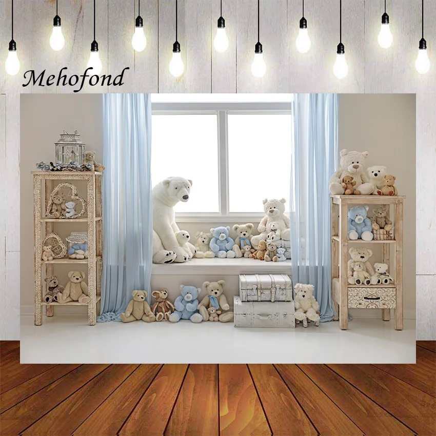 Mehofond Photography Background Cute Bear Window Child Birhtday Party Cake Smash Kids Portrait Decor Backdrop Photo Studio Props