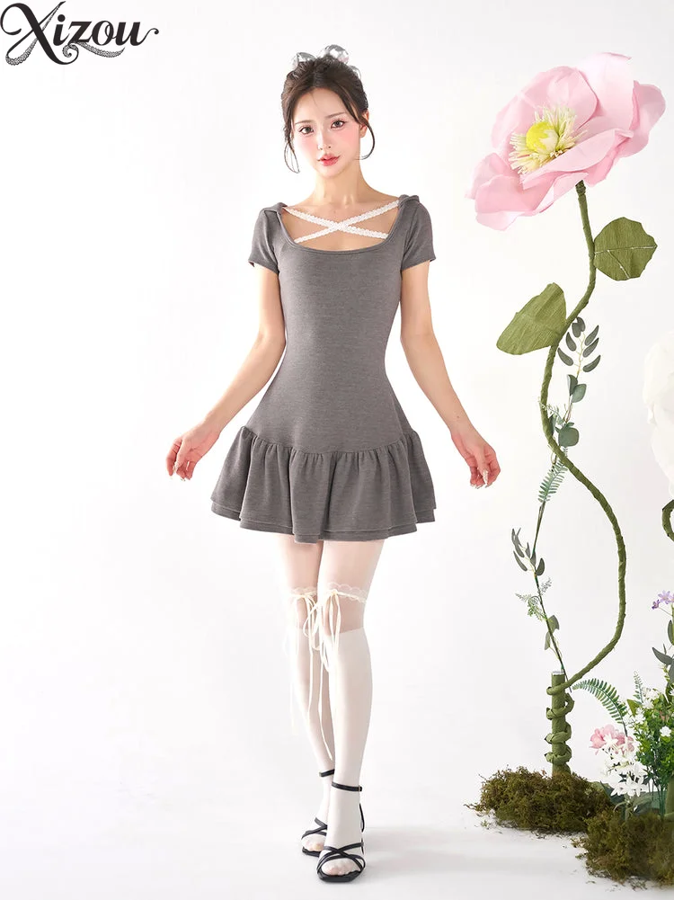 Ballet Leotard Dress Crisscross Lace Trim Double Layer Ruffle Hem Hooded Mesh Puff Sleeve Short Sleeve Dance Costume 2026 Slim