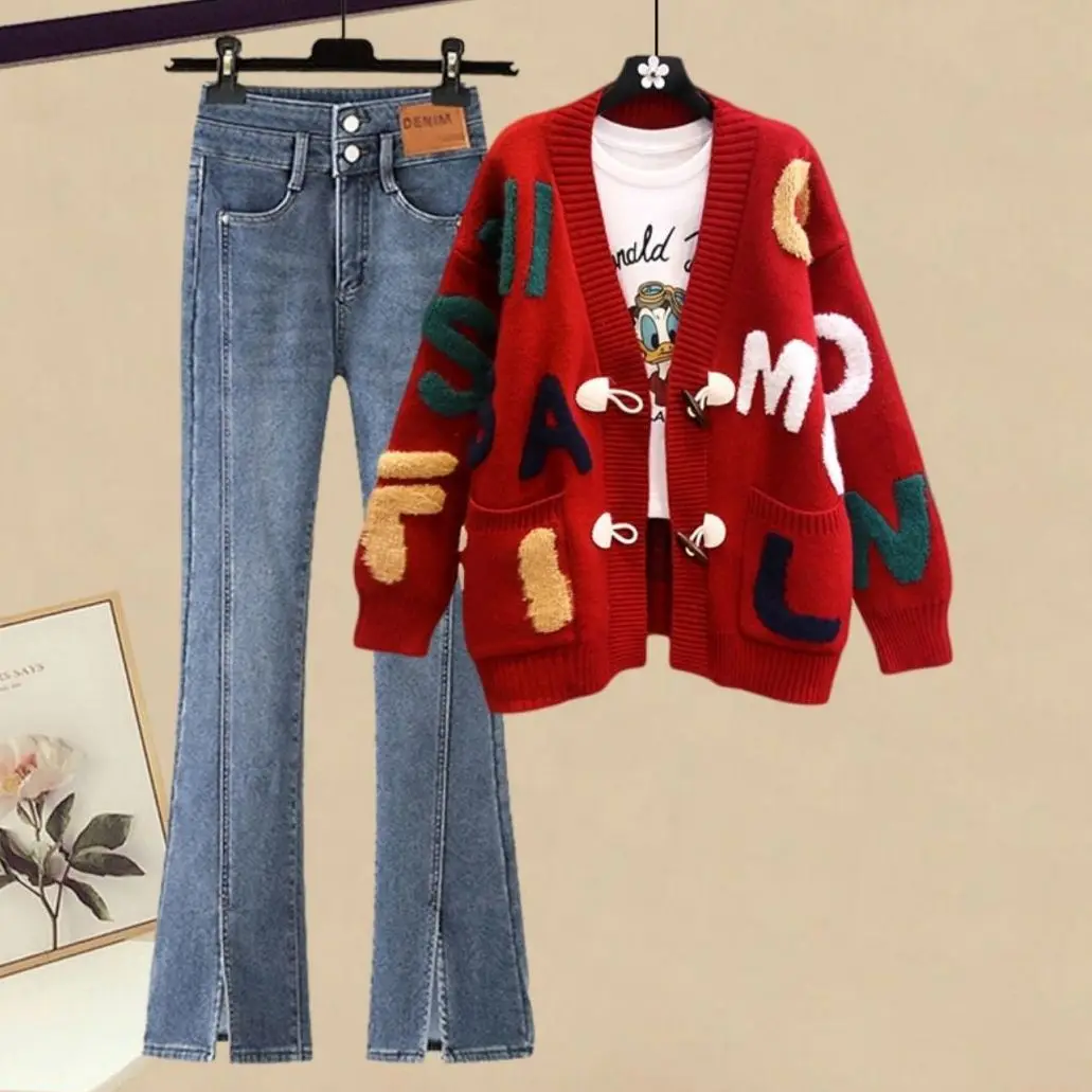 

Women Winter Warm Y2K Pant Suit Cardigan Sweater And Jean Two Piece Set Outfit Christmas Clothing Female Festival Tracksuit