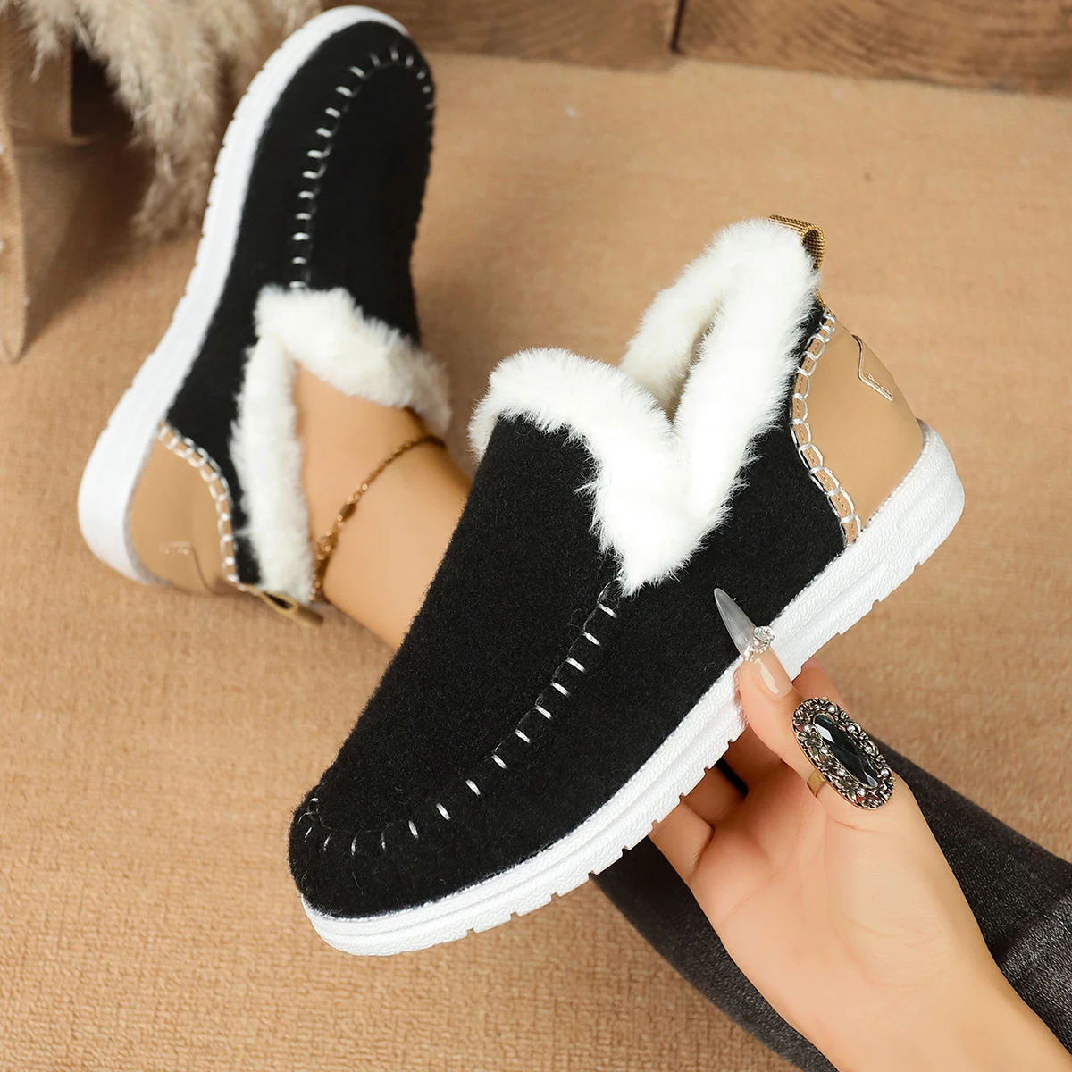 2026 New Women Snow Boots Non Slip Light Casual Daily Booties Slip on Fuzzy Collar Ankle Boots Soft Warm Fleece Lined Flat Shoes