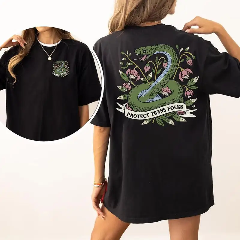 

Women Retro Snake Graphic Tee Oversized Protect Trans Folks T-shirt Y2K Grunge Style Streetwear Top Summer Cotton Short Sleeve