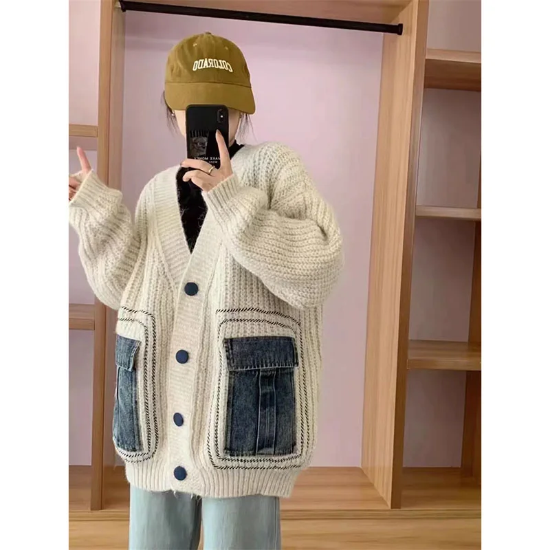 Spring Autumn Loose Knitwear Jacket Women New Knitted Sweater Cardigan Coat 2024 Female Retro Fashion Denim Stitching Outwear