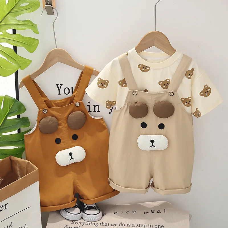 Kids Summer Infant Clothes 2024 Korean Fashion Baby Boys and Girls Cartoon Printed Short Sleeve T-shirts Overalls Todder Outfits