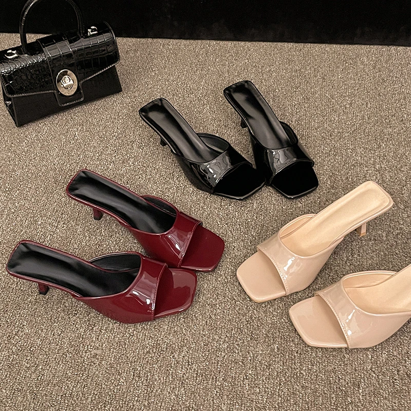 Fashion Sexy Thin High Heels Slides Women Open Toe Pumps Slip Sandal Female Slippers Mule Patent Leather Outdoor Flip Flops