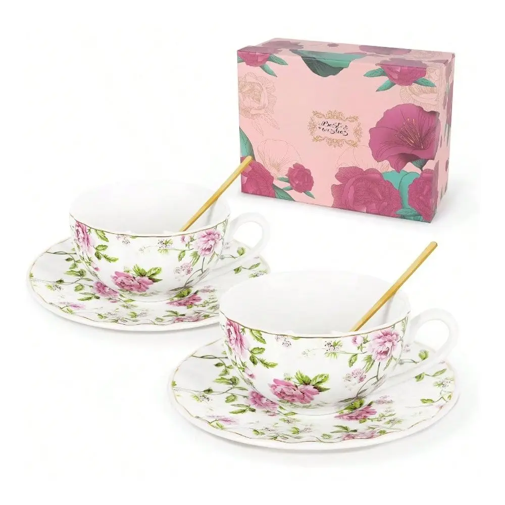 

Bone China Tea Cup Set Rose Garden Design Includes 2 Porcelain Cups And Saucers Plus Matching Spoons Perfect For 5 Oz Beverages