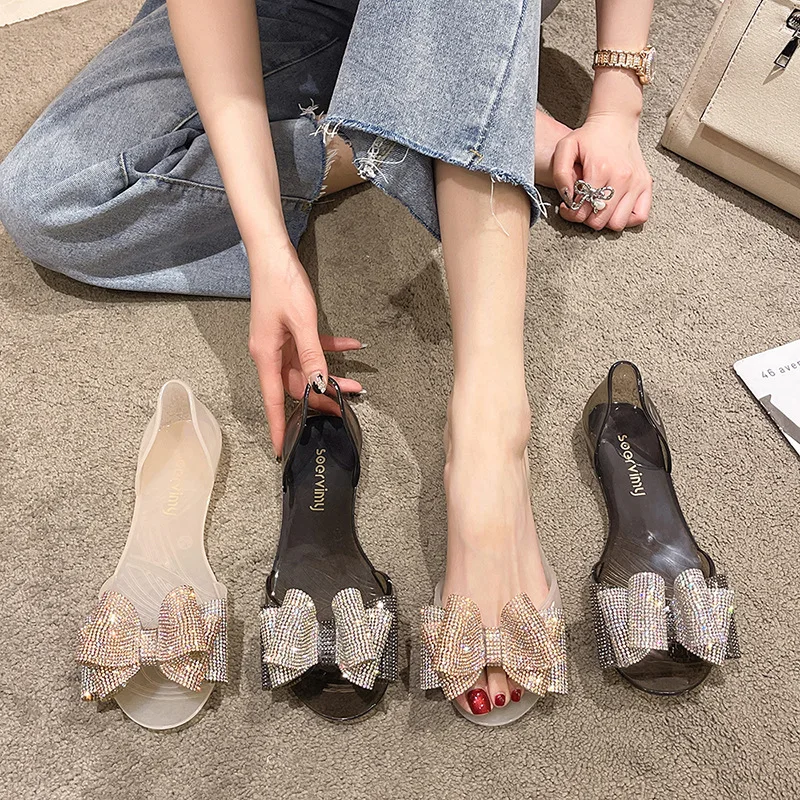 

Women's Flat Jelly Sandals Summer Korean Style Fish Mouth Casual Beach Shoes Vacation Transparent Flower Network Famous Sandals