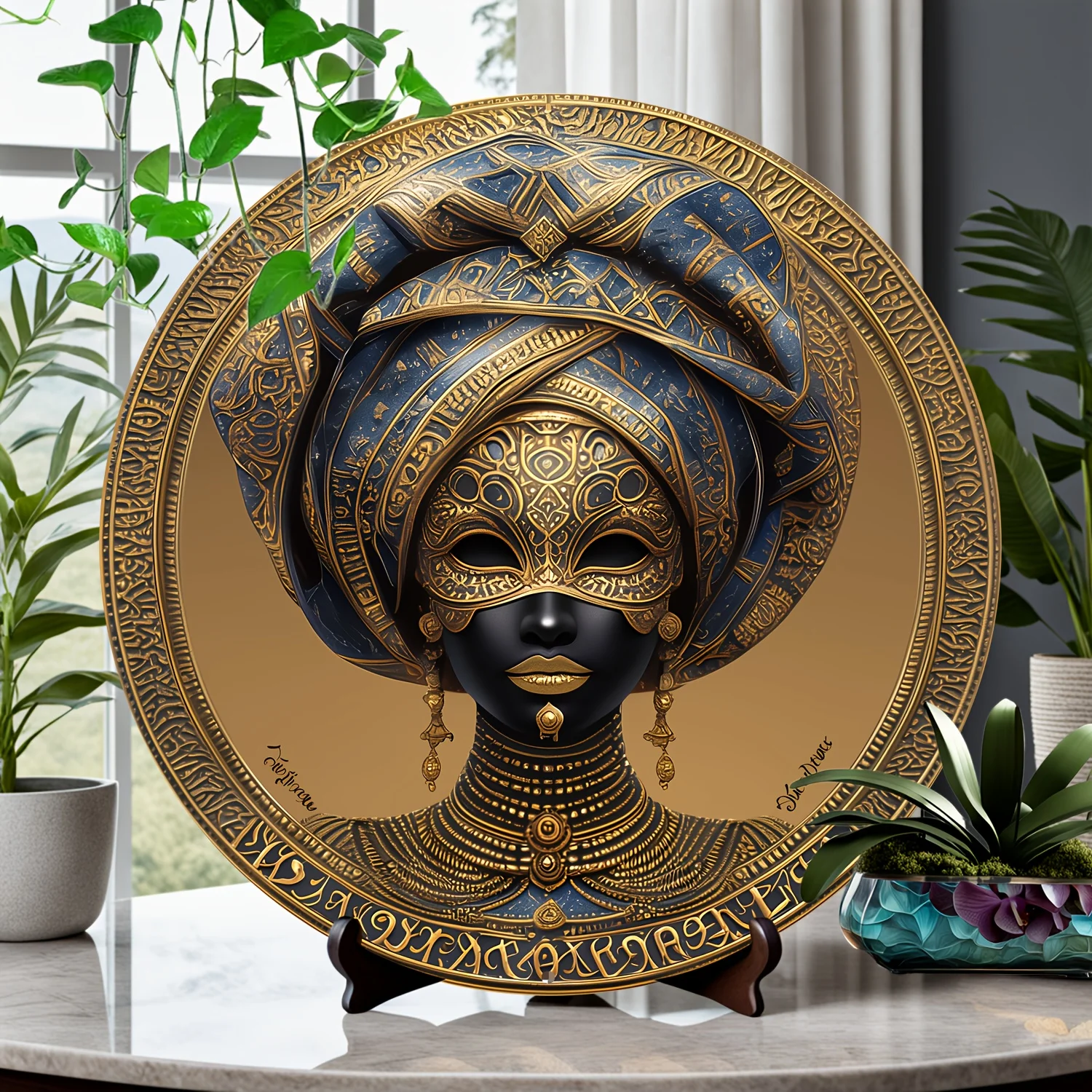 

African Queen Mask Decorative Painting - Circular Metal Wall Art with Colors,Ideal for Home, Cafe, Decoration and Holiday Gifts