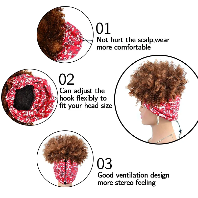 Fluffy Headband Wigs for Black Women Short Afro Kinky Curly Headwrap Wig High Temperature Natural Synthetic Headband Scarf Wig