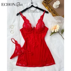 Echonight Deep-V Sexy Lace Sleepwear Hot Women's Night Sleeveless Sexy Tops G-string Thongs Lingerie Dress