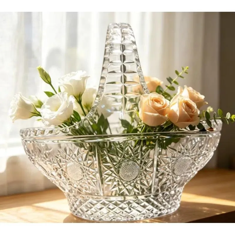 Hand-cut 24% lead oxide crystal flower and fruit basket luxury gift basket, suitable for wedding table ornaments, family