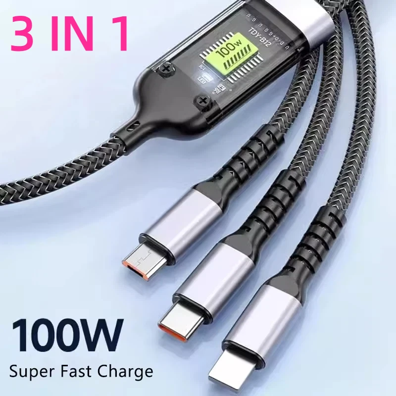 3 In 1 100W Fast Charging Cable Multi USB Type C Micro IP Port Transparent 6A Data Charging Wire Line for iPhone Samsung Huawei