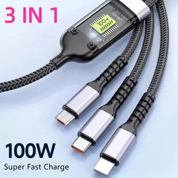 3 In 1 100W Fast Charging Cable Multi USB Type C Micro IP Port Transparent 6A Data Charging Wire Line for iPhone Samsung Huawei