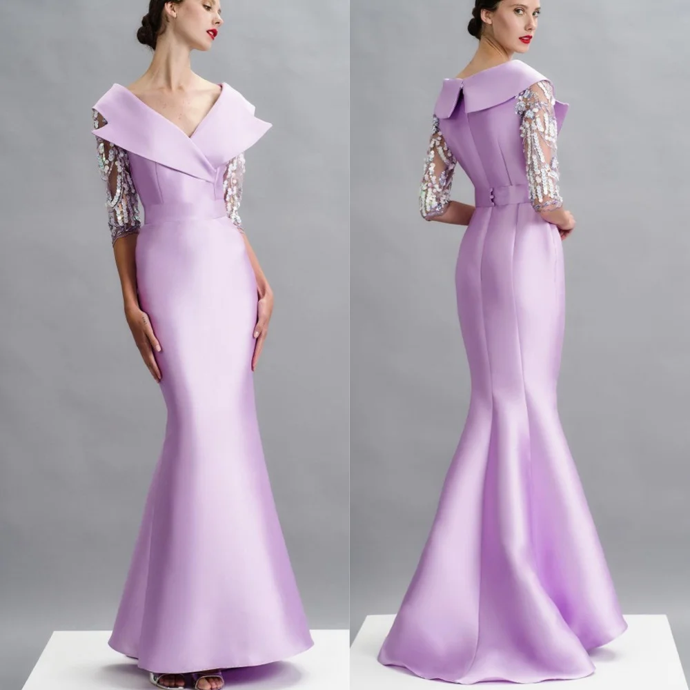 

Satin Sequined Sash Celebrity Mermaid V-neck Bespoke Occasion Gown Long Dresses