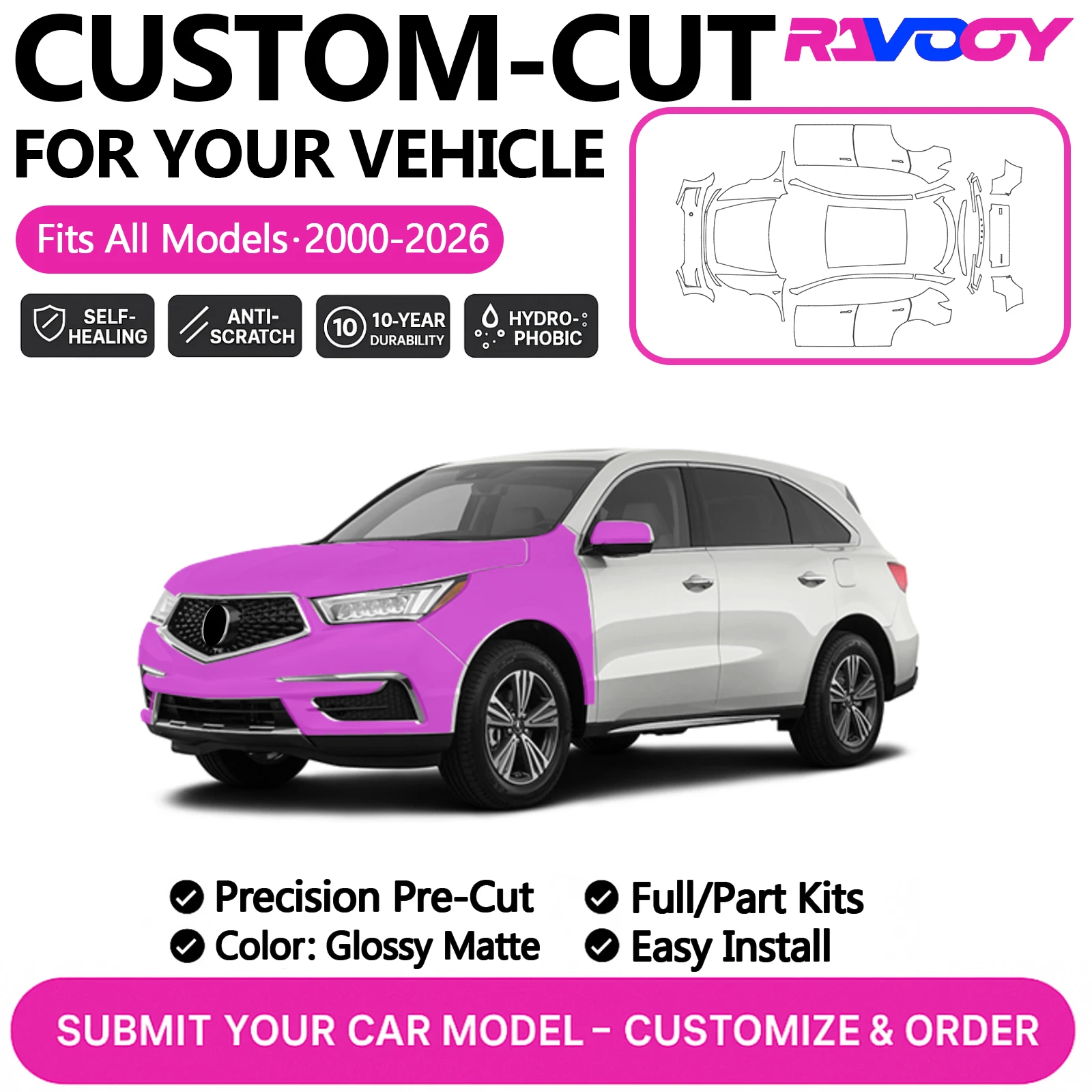 

For Acura MDX 2014 2015 2016 2017 2018 2019 2020 2021 2022 2023 2024 Custom Precut PPF Paint Protection Film Kit Clear Matte