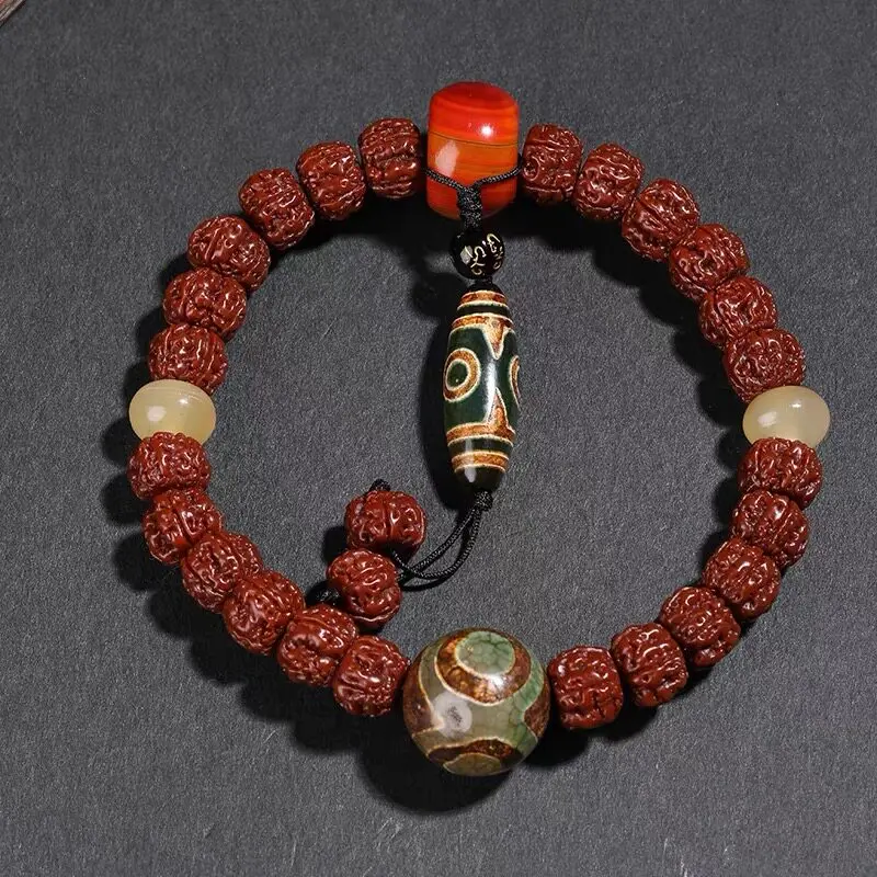 Vintage Tibetan Aged Rudraksha Beaded Bracelet Dzi Bead Lucky Fortune Prayer Mala For Men Women Good Luck Blessing Spiritual Med