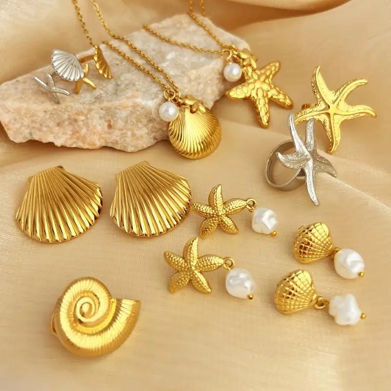 Летнее женское ожерелье из ракушек морской звезды, модное колье из нержавеющей стали золотого/серебряного цвета с крабом и черепахой, пляжные украшения, подарки