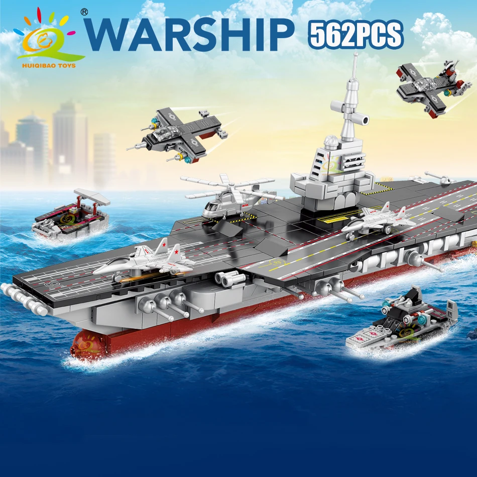 

HUIQIBAO 562PCS 8IN1 DIY Military Aircraft Carrier Model Building Blocks Warship City Modern Weapons Bricks Toys Children Gift