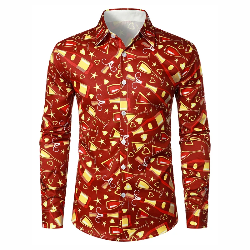 

Formal Party Wine Beer Glass Full Print Shirt For Men Music Family Party Funny Long Sleeve Button Shirts Christmas Clothes Top