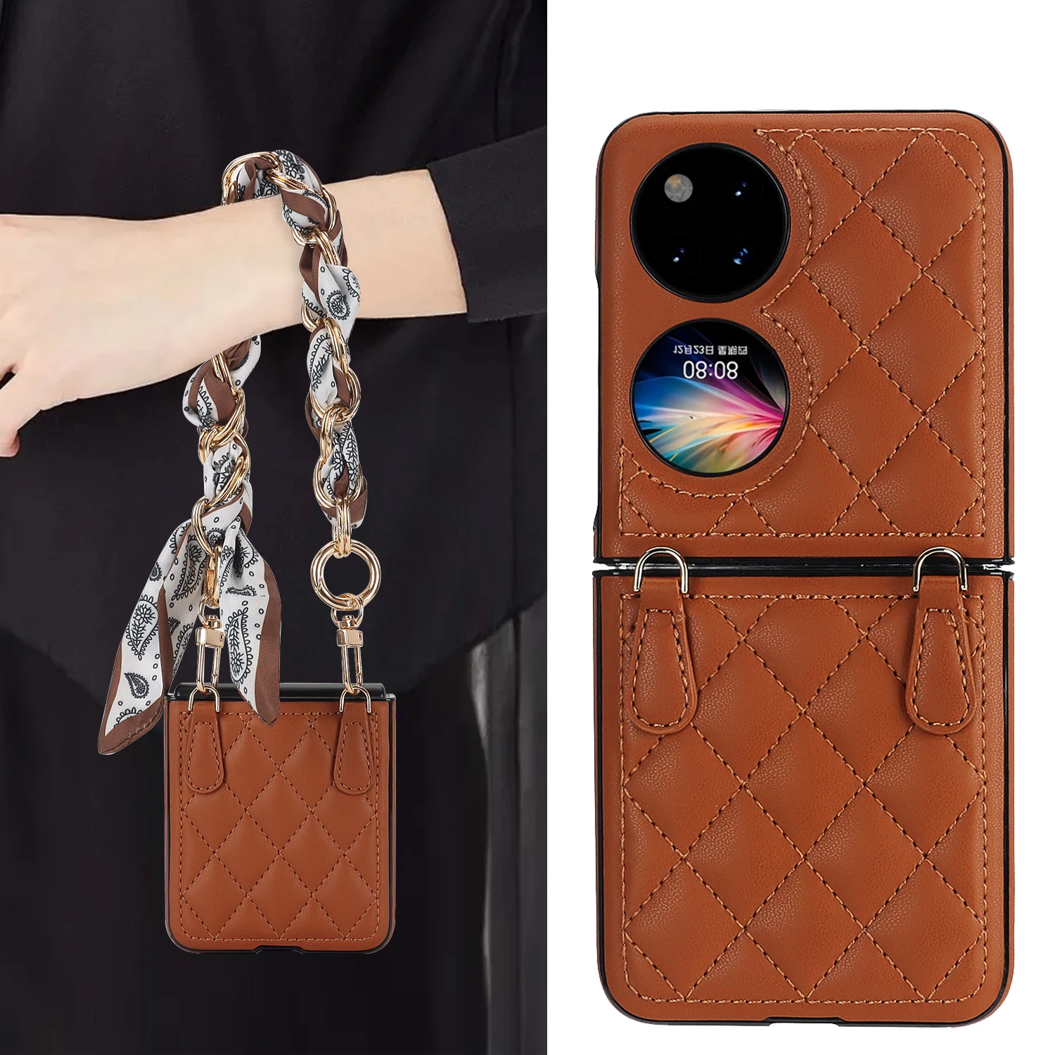 

Lattice Scarf Wrist strap Phone Case For Huawei P50 Pocket 2 Fashion Back Cover Shell