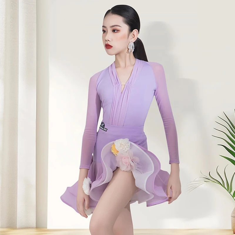 Purple Latin Dance Dress Girls Cha Cha Competition Costume Rumba Samba Clothes V-Neck Bodysuit Dancing Skirt With Flower AMY1286