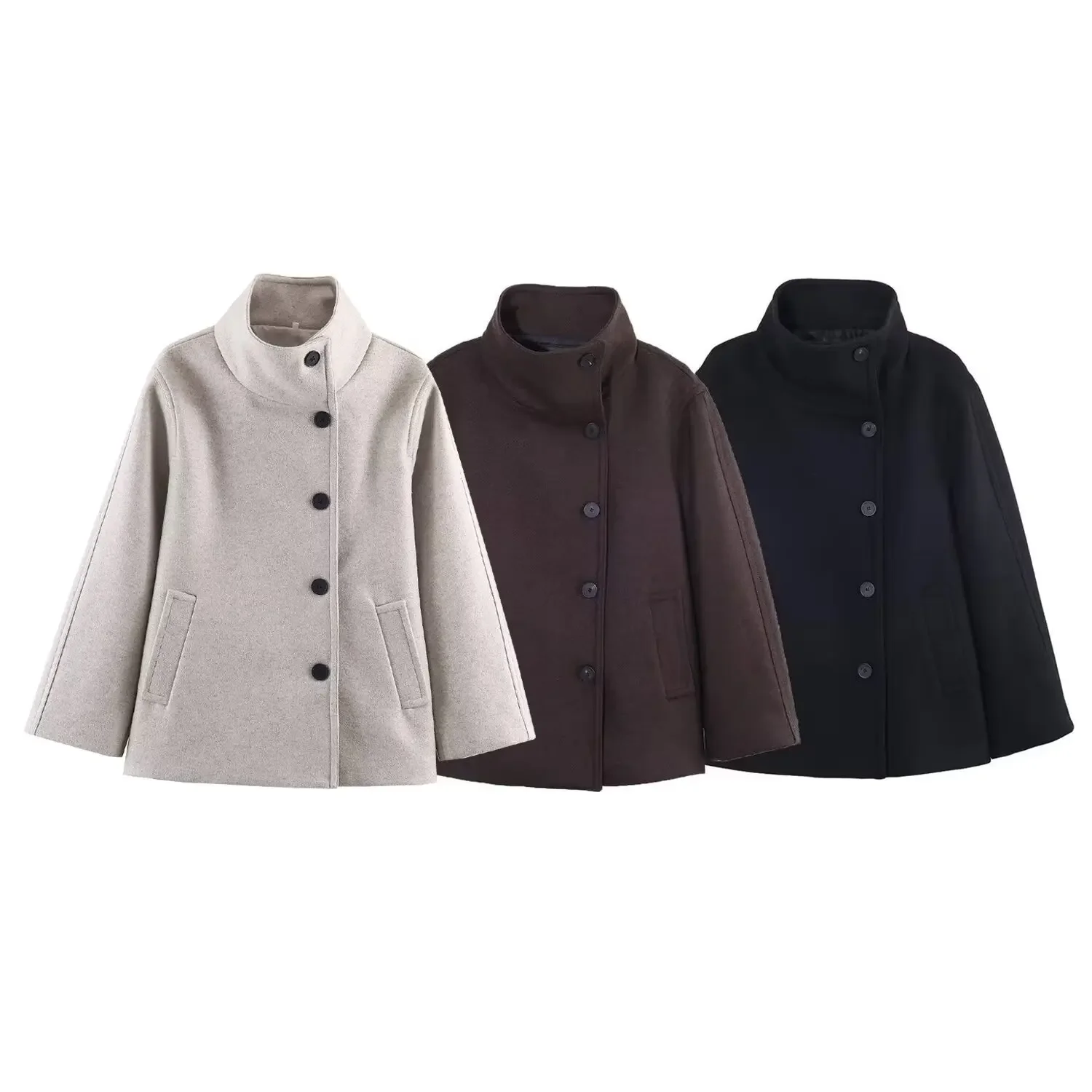 Brown Woolen Women's Jackets Spring Autumn New Female Stand Single Breasted Long Sleeved Coat Lady Street Elegant Woolen Coats