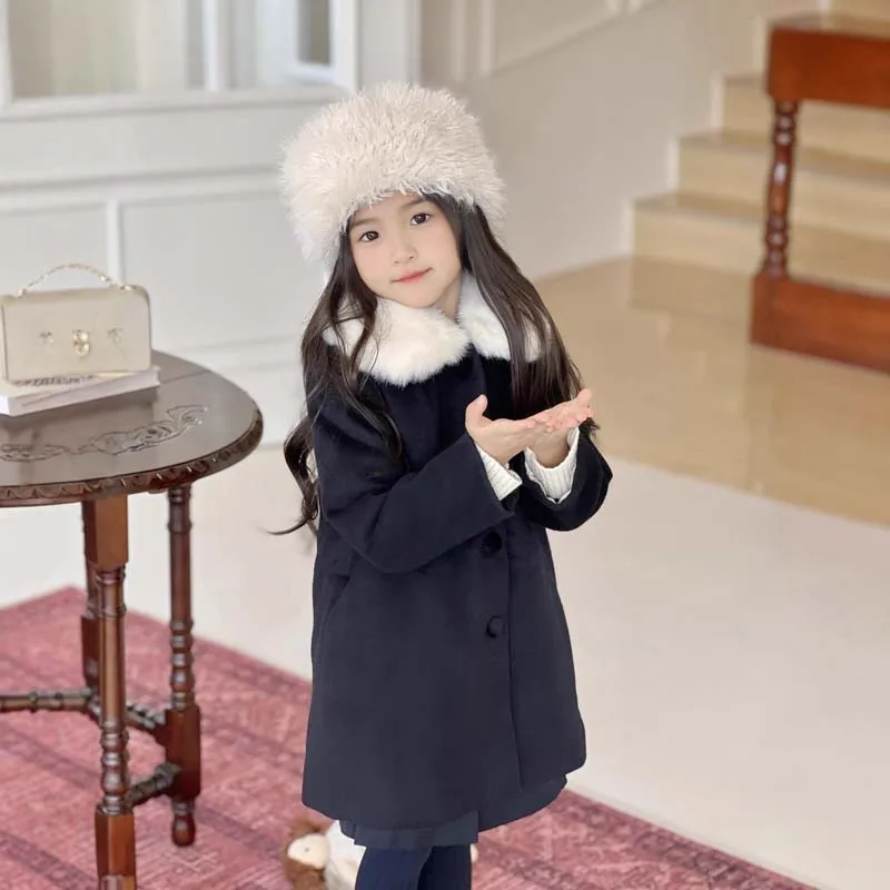 

In Stock 2025 Autumn British-style Baby Girls Wool Overcoat with White Fur Collar Winter Warm Wool Coat Kids Boutique Clothes