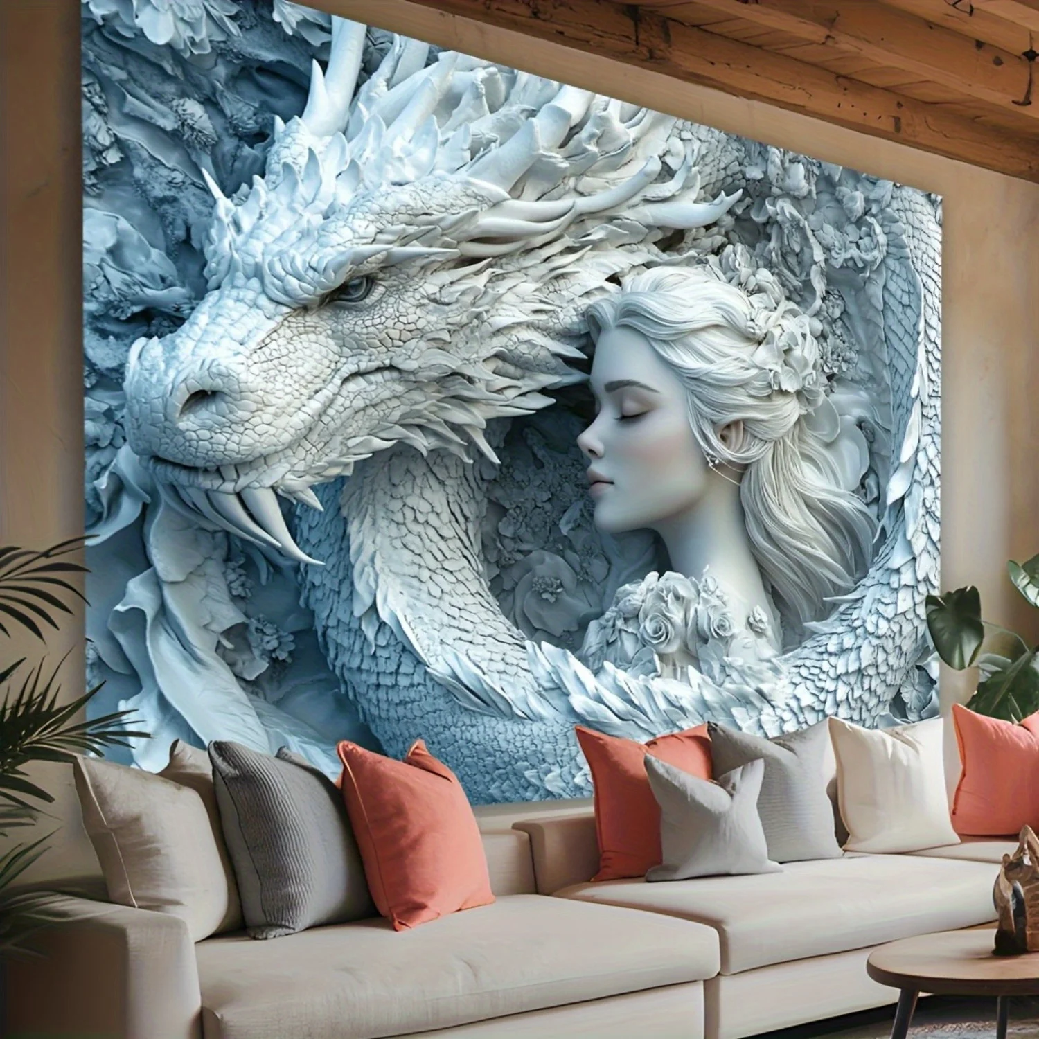 Dragon And Maiden Tapestry Fantasy Art Design Perfect Gift Home Dormitory Fashionable Unique Wall Decorations