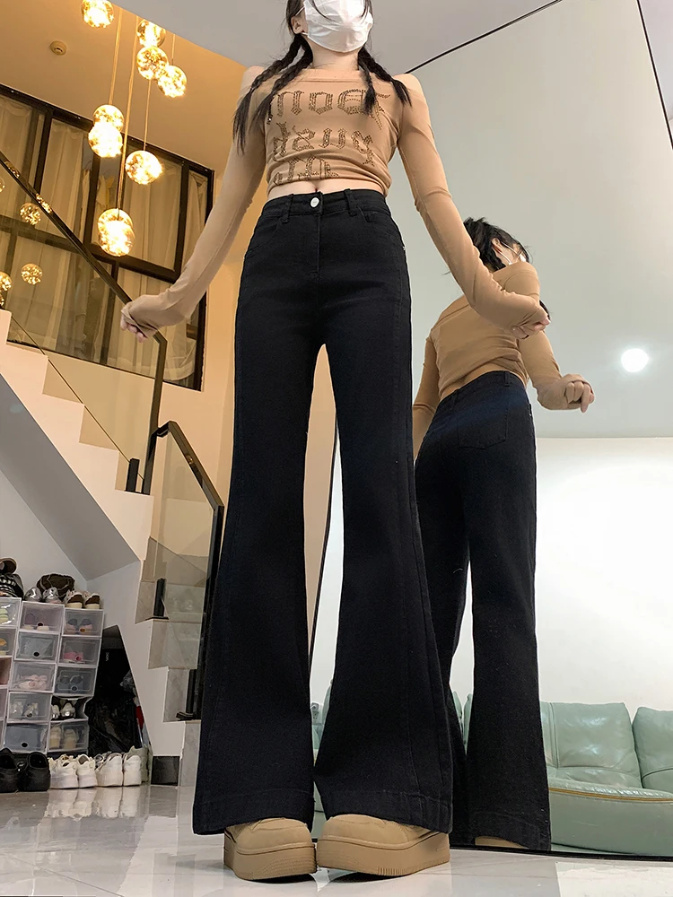 Hohe Taille Ausgestellte Jeans Damen Winter Thiened Fce Lose Weites Bein Bodenlangen Bootcut Denim Hosen Casual Sle