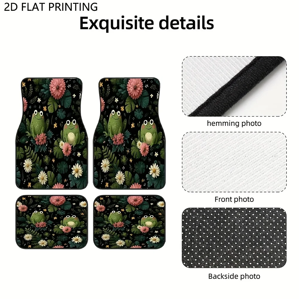 Set Of 4, Adorable Frog And Flower Design Car Floor Mats, Sturdy, Slip-Resistant, Easy To Clean, Easy To Set Up, Ideal For Sedan