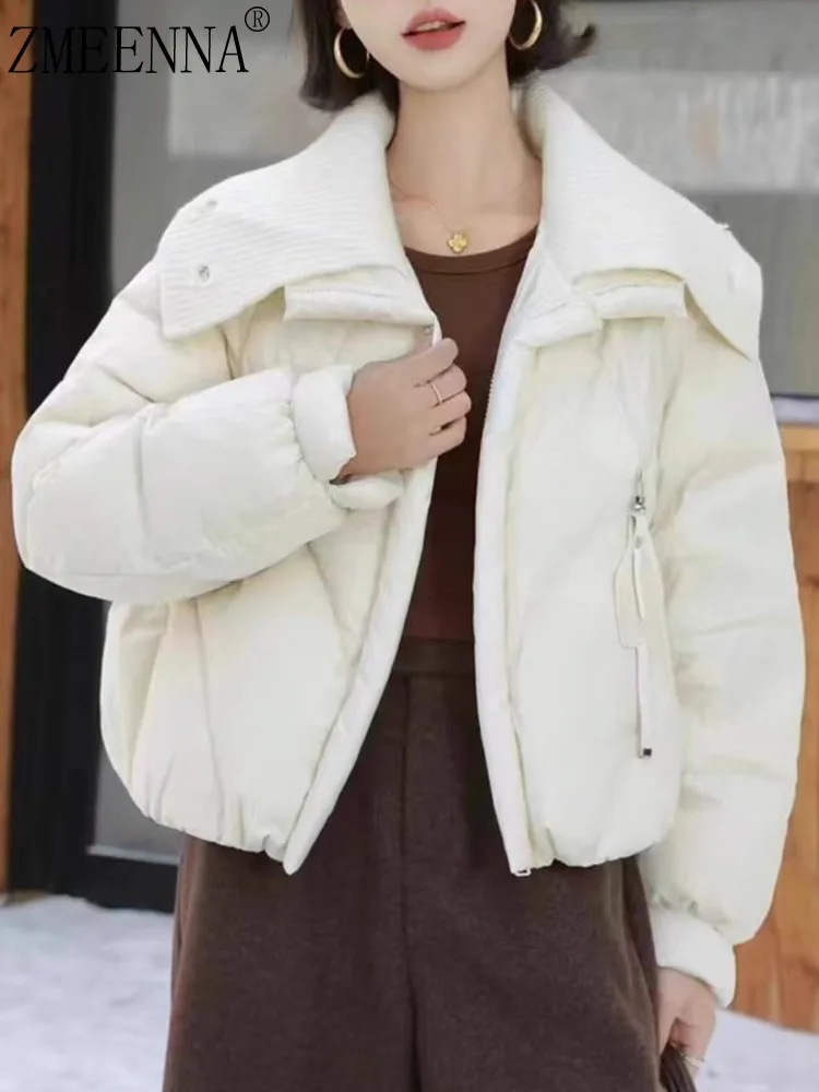 

ZMEENNA Womens White Short Puffer Jacket Knit Collar Diamond Quilted Down Coat Full Zip Warm Casual Fashion Outerwear ZM4577