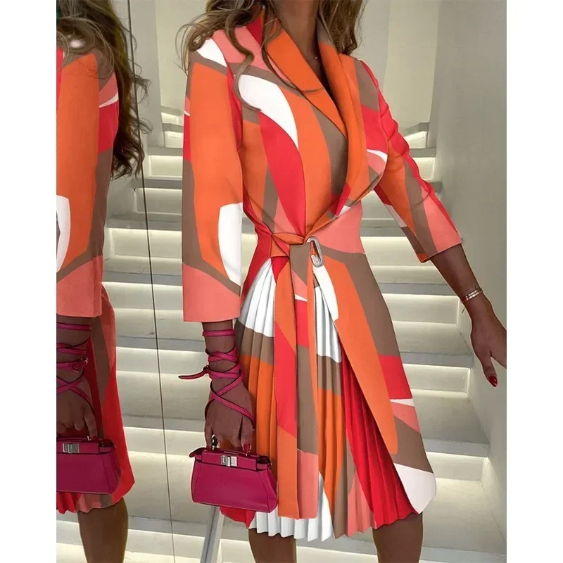 Women's Autumn Elegant Commuter Flip Collar Fashion Print Dress Ladies Casual Middle Sleeve Tie Up Waist Folding Women's Dress