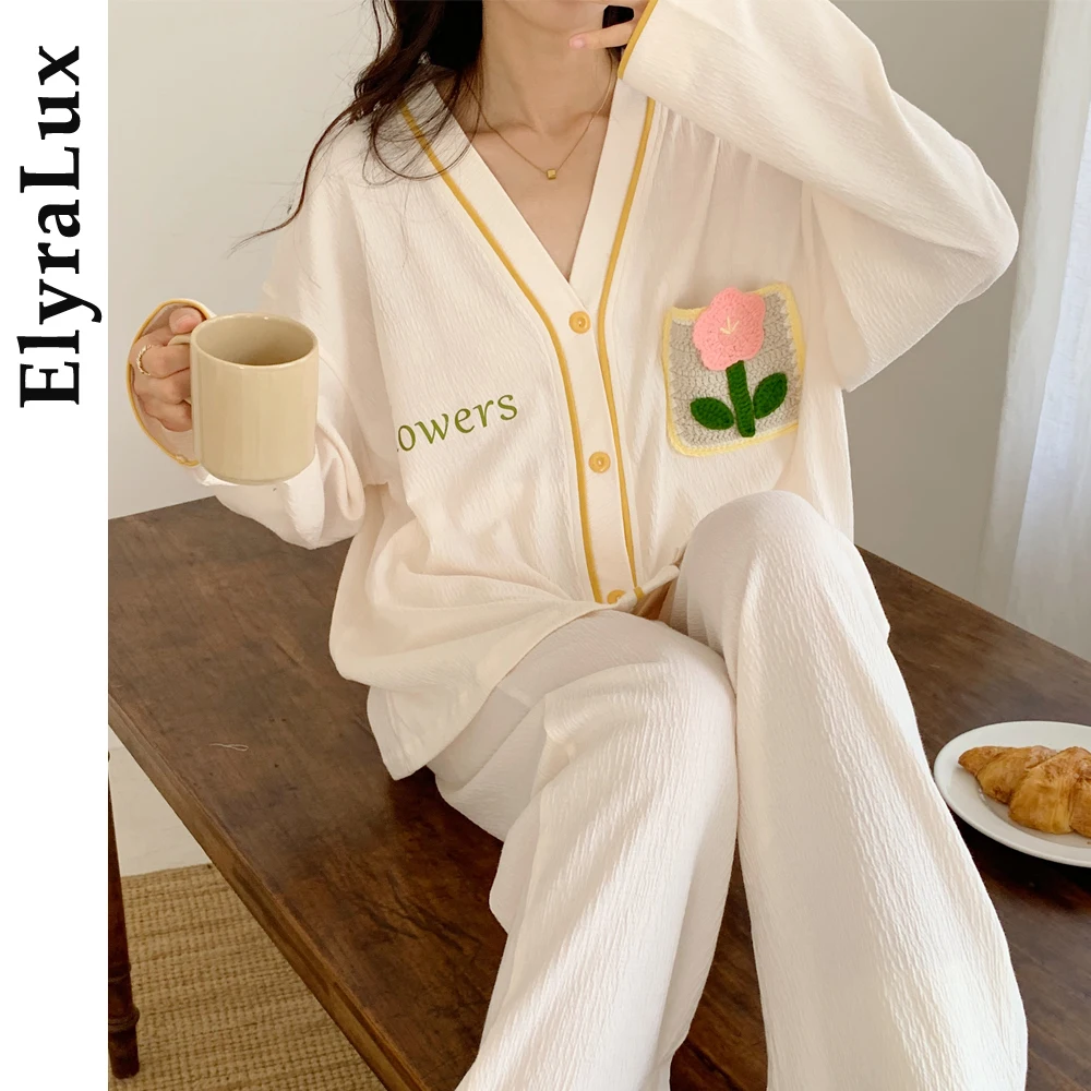 

ElyraLux женский мятый хлопковый пижамный комплект, мягкая непринужденная зимняя домашняя одежда с длинными рукавами, осенняя одежда для сна для уютного комфорта