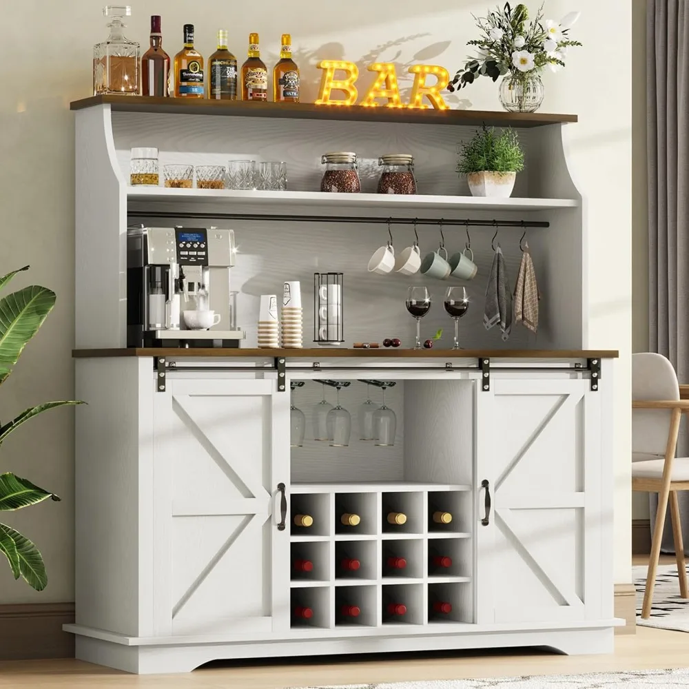 

55" Coffee Bar Cabinet3-Tier Storage, Farmhouse Coffee Bar Hutch & 6 Hooks, Kitchen Bar Cabinet 12 Wine Racks & 3 Glass Holders