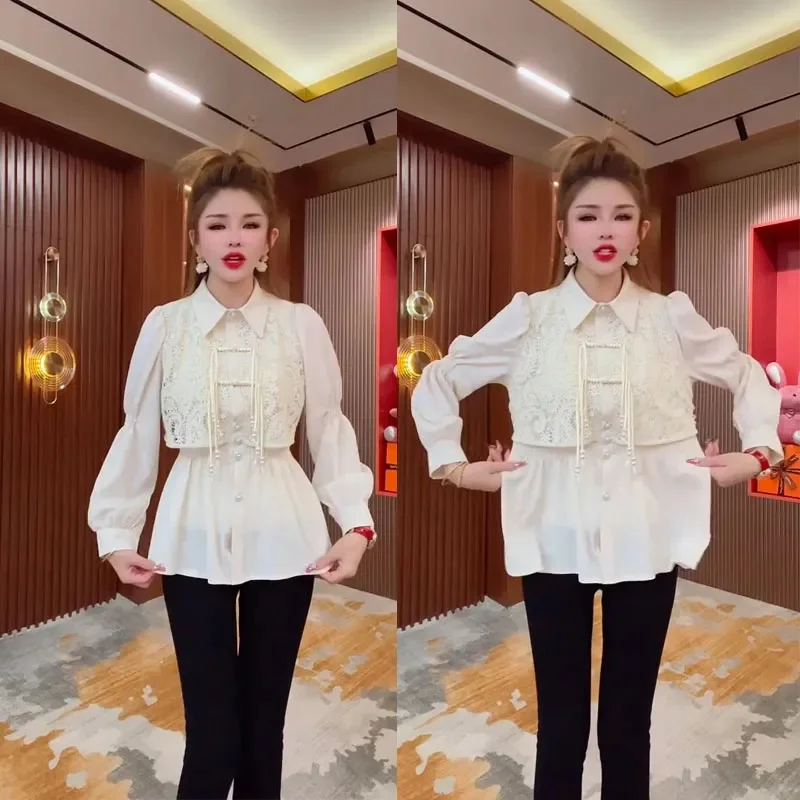 Retro Women Flip Collar Lace Jacket Spring Autumn Ladies Carved Buckle Tops Coat 2024 Female Solid Color Large Size 4XL Outwear