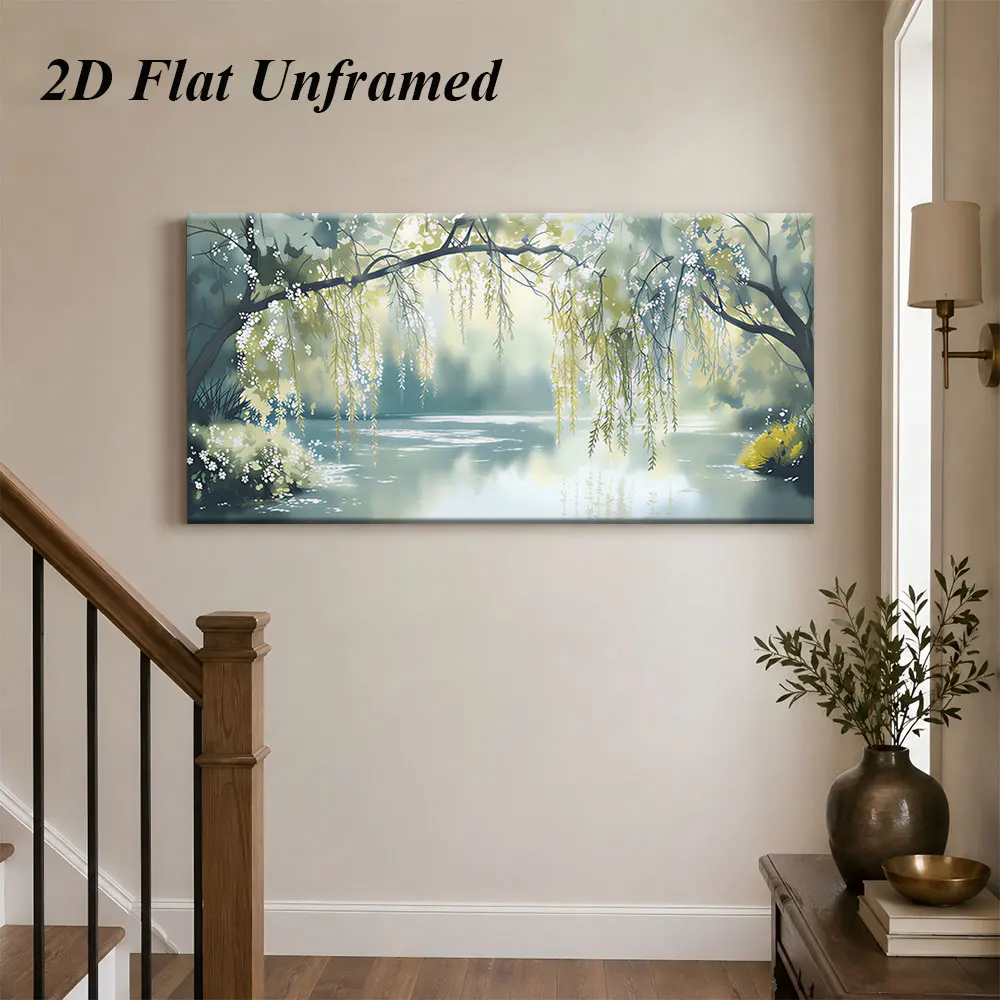 (1PC Unframe)1 piece of natural lakeside weeping willow landscape frameless decorative painting, modern and simple living room,