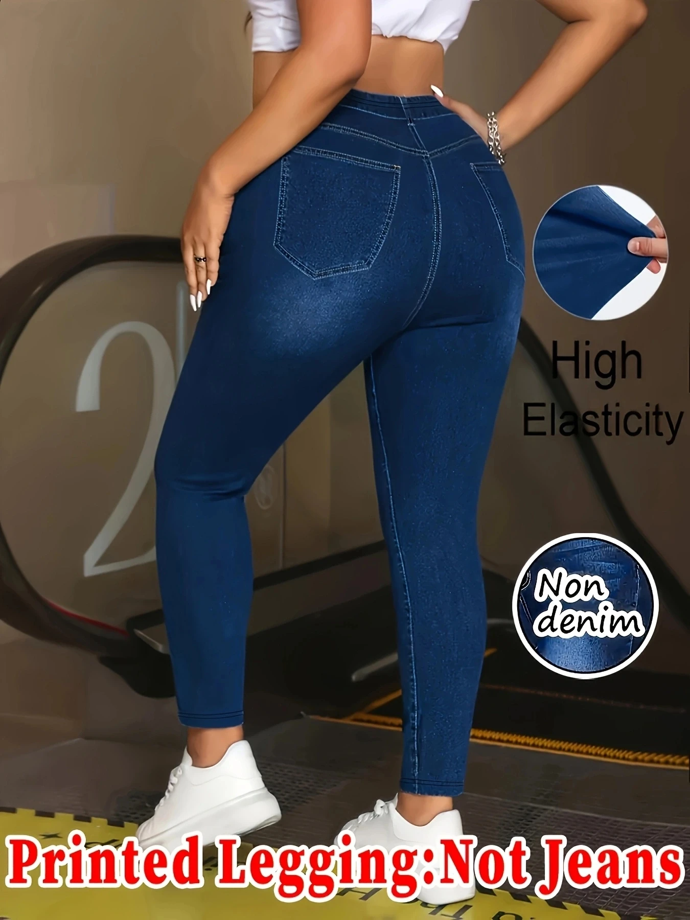 Women Faux Denim Print Leggings, High Waist Super Stretch Skinny Pants Non‑Denim Imitation Jeans, Butt‑Lifting Casual Yoga Pants