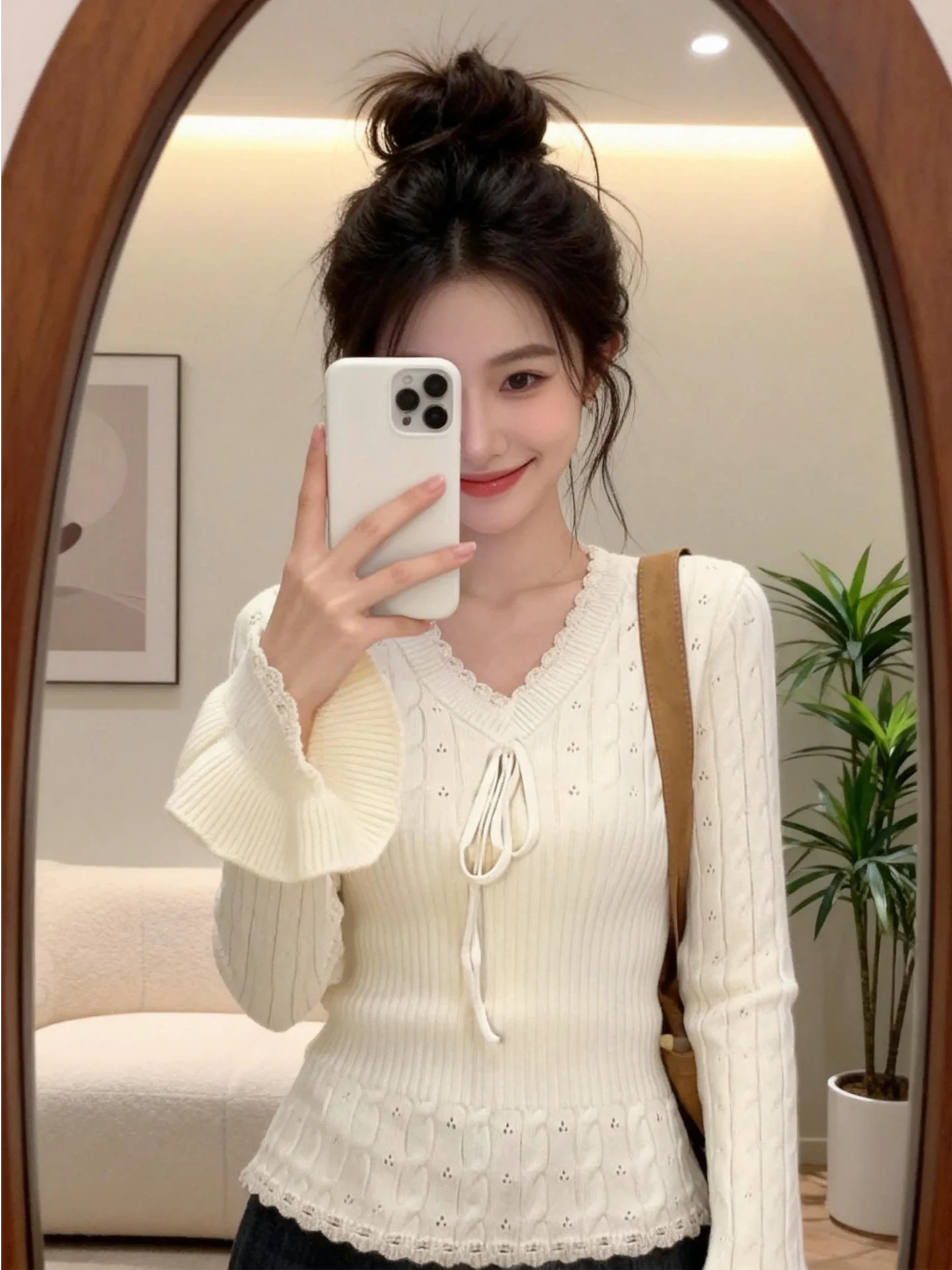 Coreano sle v-ne oco para fora malha topo feminino fino ajuste ort svel irt floral sve roupa interior inverno faion