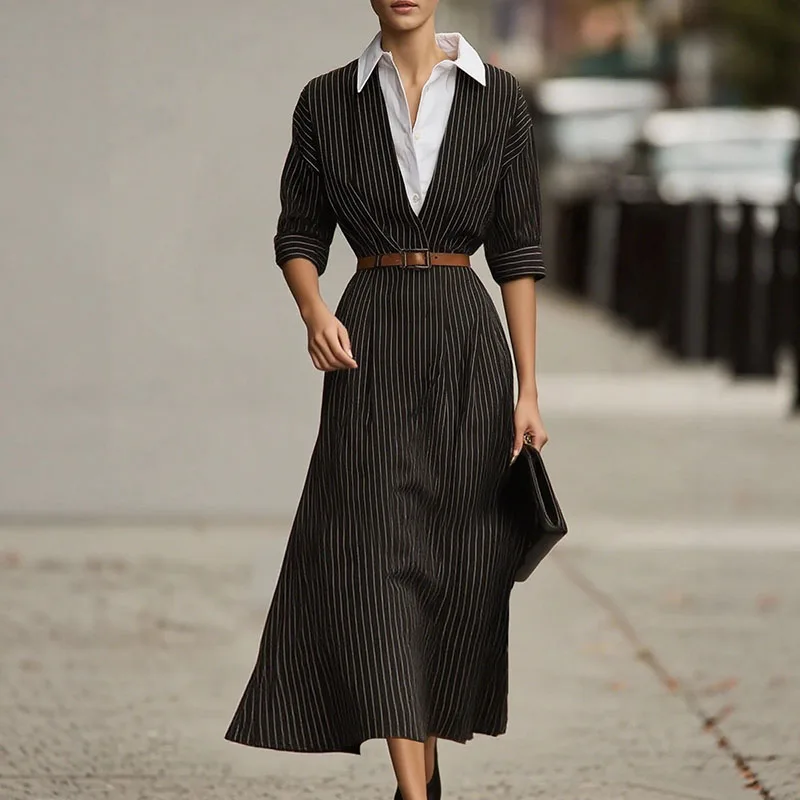 우아한 스트라이프 프린트 라펠 칼라 셔츠 드레스 패션 배색 포켓 롱 드레스 캐주얼 긴팔 버튼 파티 드레스