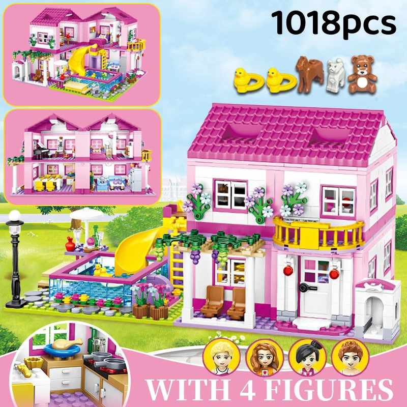 

1018pcs Pink Summer Villa Building Blocks Architecture Bricks Toy 3 In 1 Detailed Room Pool House DIY Childrens Day Girls Gift