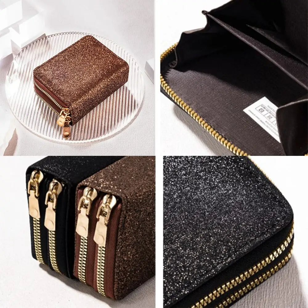 Solid Color Women Card Bag Double Zipper Luxury Starry Shiny Wallet Coin Purse ID Bank Credit Card Accordion Card Holder Lady