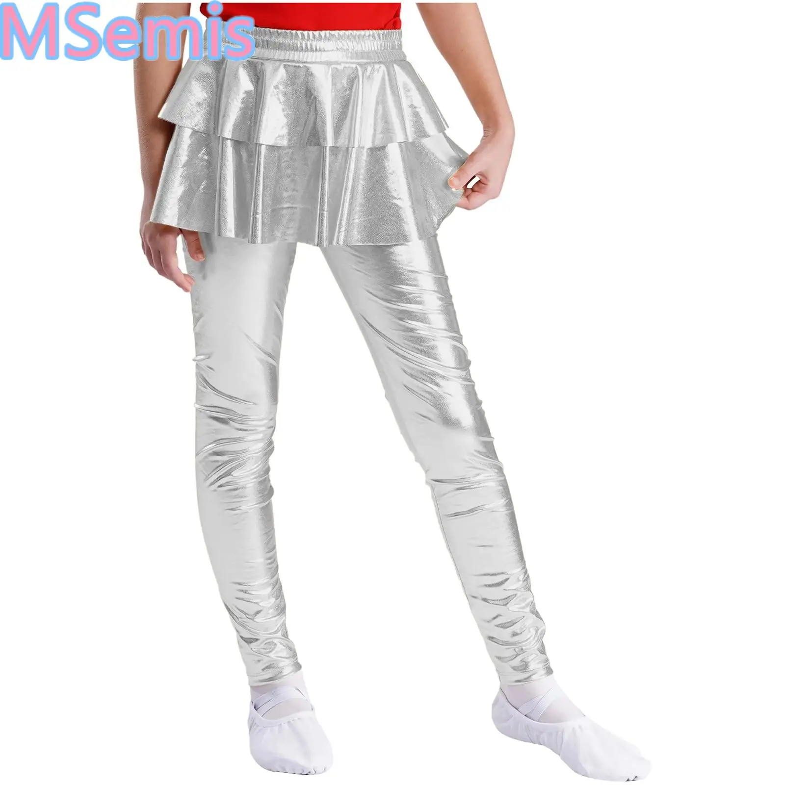 

Kids Girls Metallic Dance Skirted Pants Ruffled Leggings Elastic Waistband Shiny Pants Skirt Stage Performance Costume