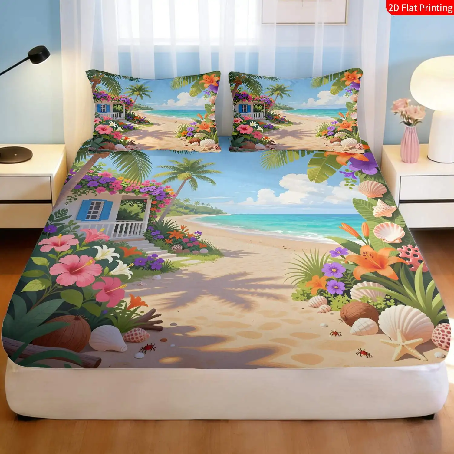 Tropical Beach Style, Summer Ocean-Themed Bedding, Palm Tree and Shell Print Bedroom Three-Piece Bedding Set (Includes 1 Fitted Sheet + 2 Pillowcases), 3-Piece Set, Large Deep-Pocket 2D Printed Fitted Sheet and 2 Pillowcases, Mattress Protector, Fitted Sheet Style, Protective Cover, Mattress Protector, Suitable for All Seasons, Machine Washable Design, Holiday Decoration, Various Sizes, Breathable Protective Cover Plus Pillowcases