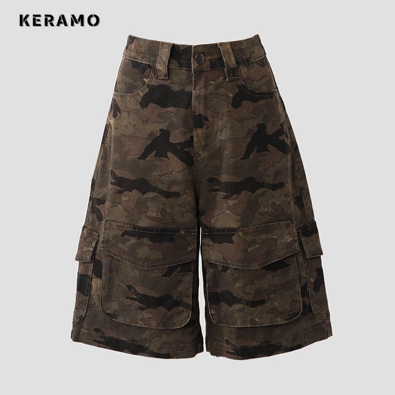 Y2K Baggy Camouflage 2000s Denim Shorts Women's Washed Vintage Casual Shorts High Street Retro High Waist Pockets Trashy Jeans