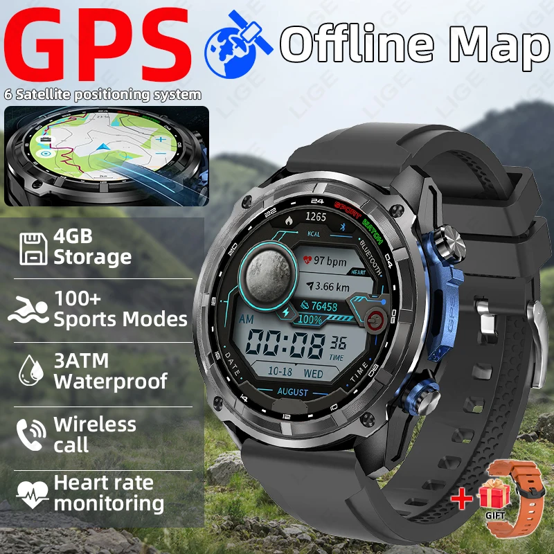

LIGE 2025 New GPS Smart Watch 860mAh Flashlight AMOLED Men Bluetooth Call 3ATM Waterproof Outdoor Sports Fitness Smartwatch