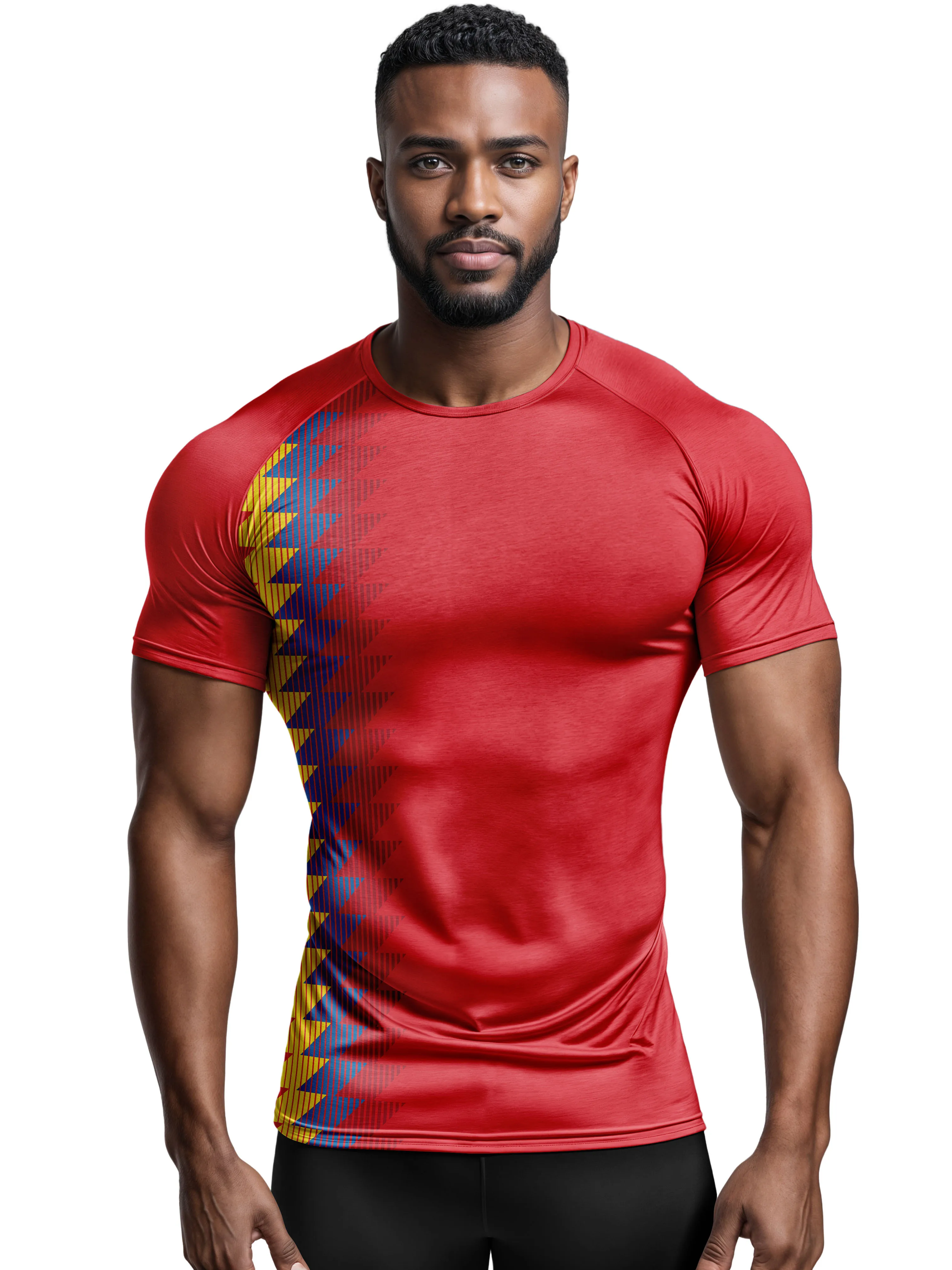 Men Sports Tee High Elastic Quick Dry Breathable Jersey Red Side Triangle Print Running Training Top