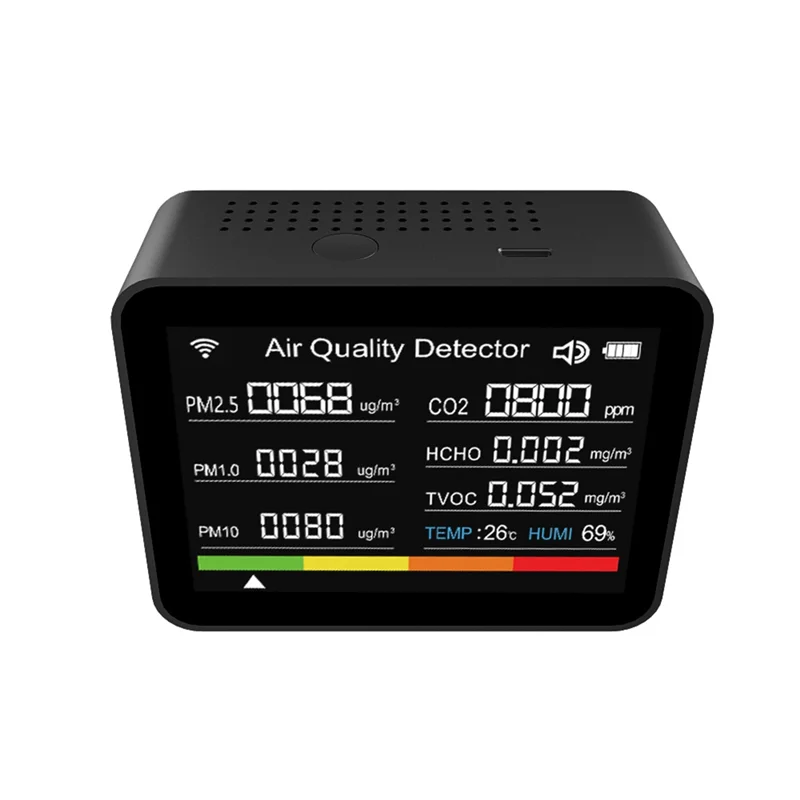 ABKN-Tuya WIFI Air Quality Tester 13-In-1 Black CO2/TVOC/HCHO/PM2.5/PM1.0/PM10/Temperature/Humidity/Date/Alarm/Stopwatch CO2 Met