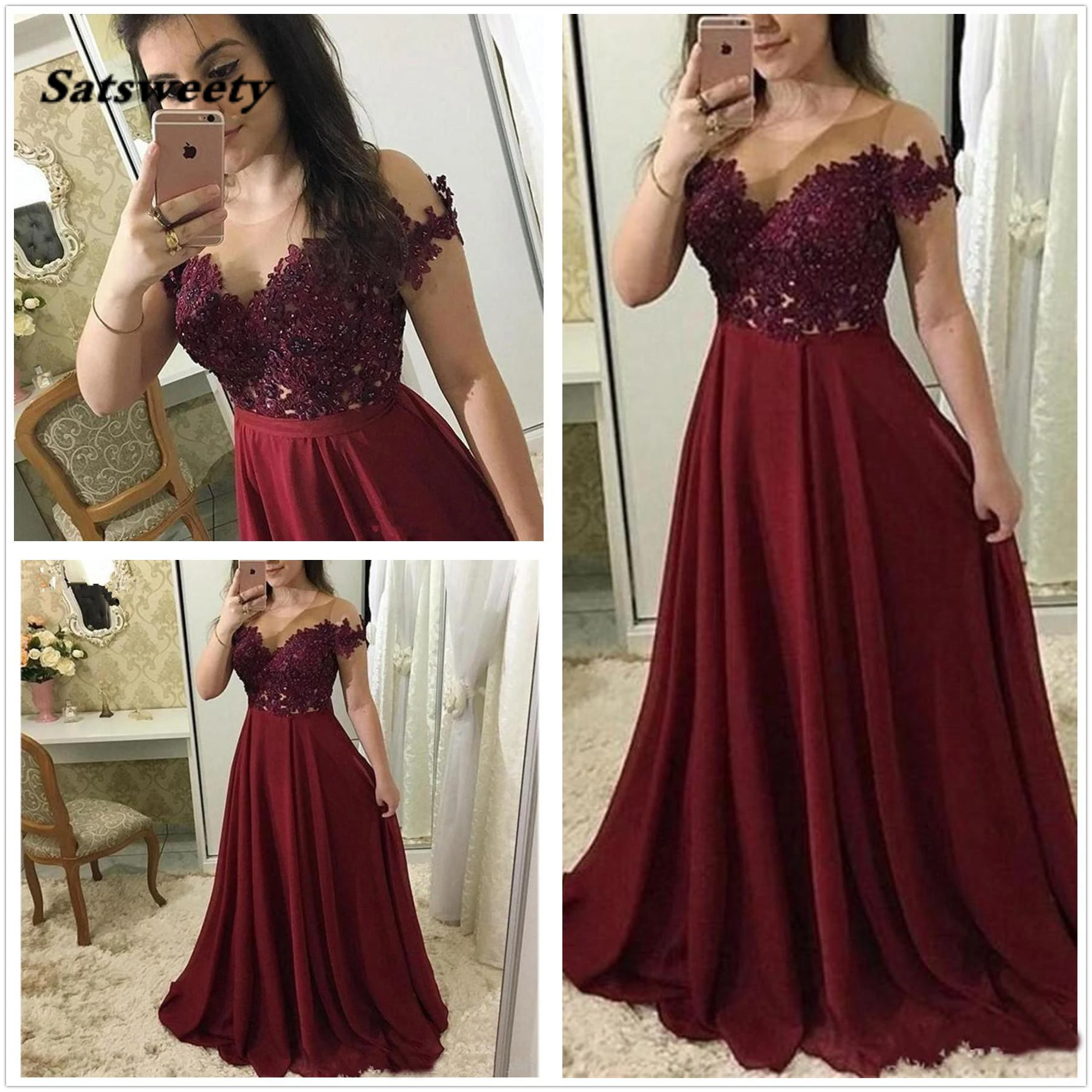 

Burgundy Prom Dresses Long Illusion Neckline Short Sleeve Lace Appliques Evening Gowns Long Chiffon Special Occasion Dress